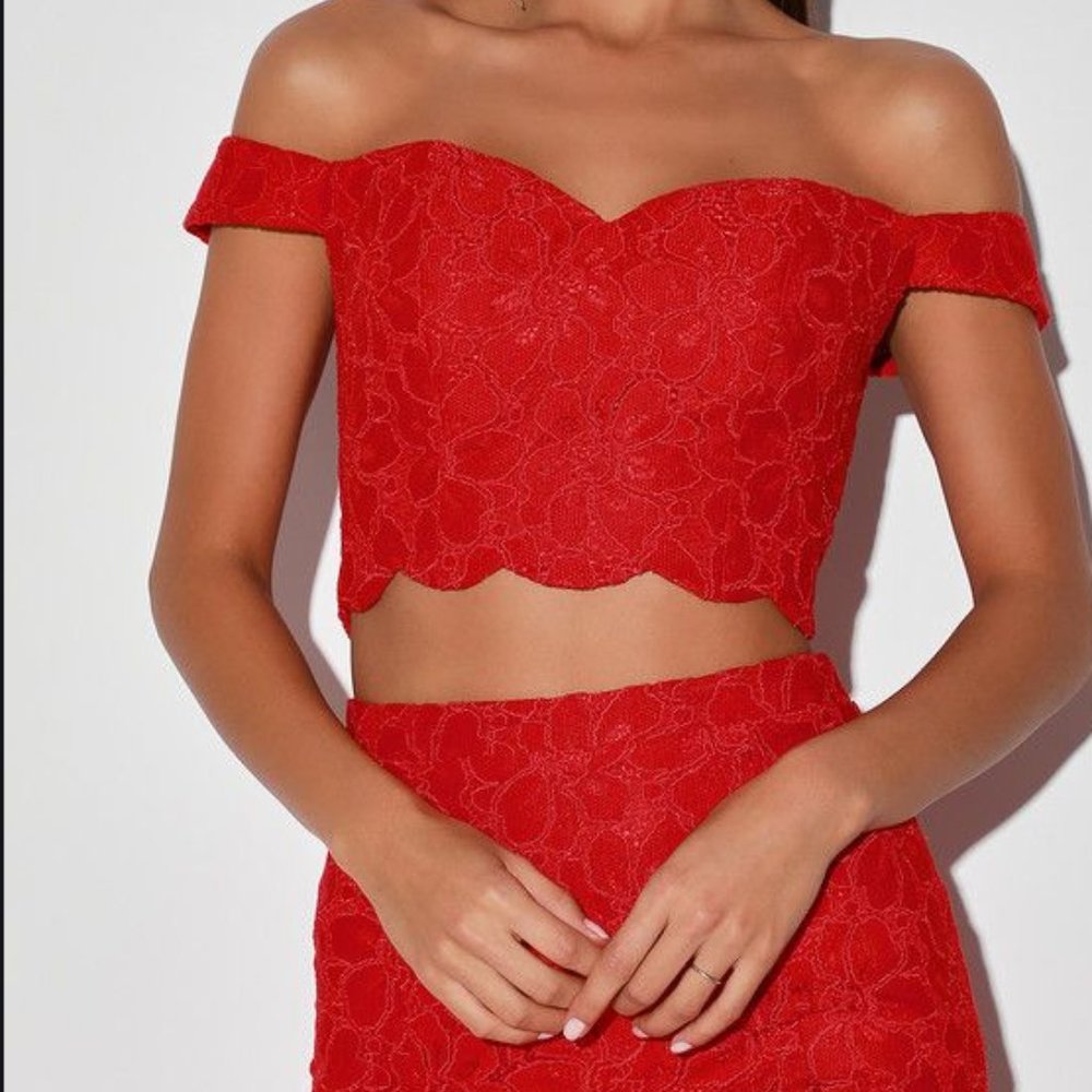 A Thousand Words Red Lace Off-The-Shoulder RED
